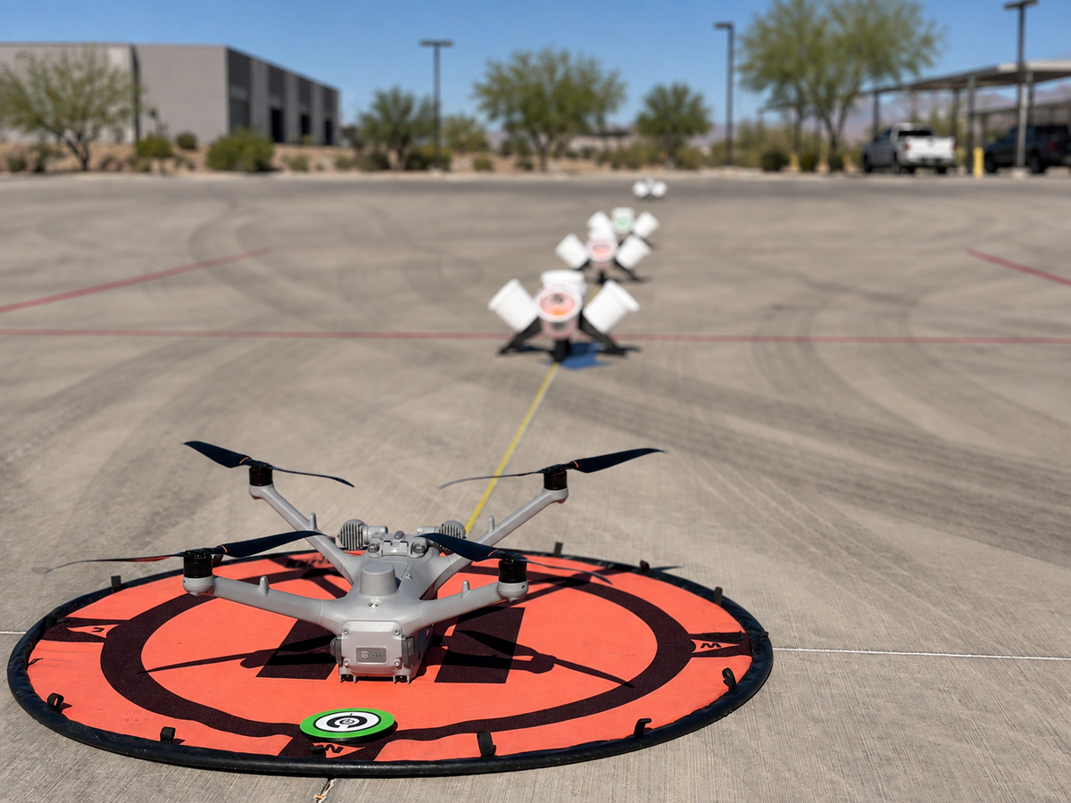 A gray quadcopter drone sits on an orange and black circular landing pad on a concrete airfield, with a row of similar landing pads and targets blurred in the background.