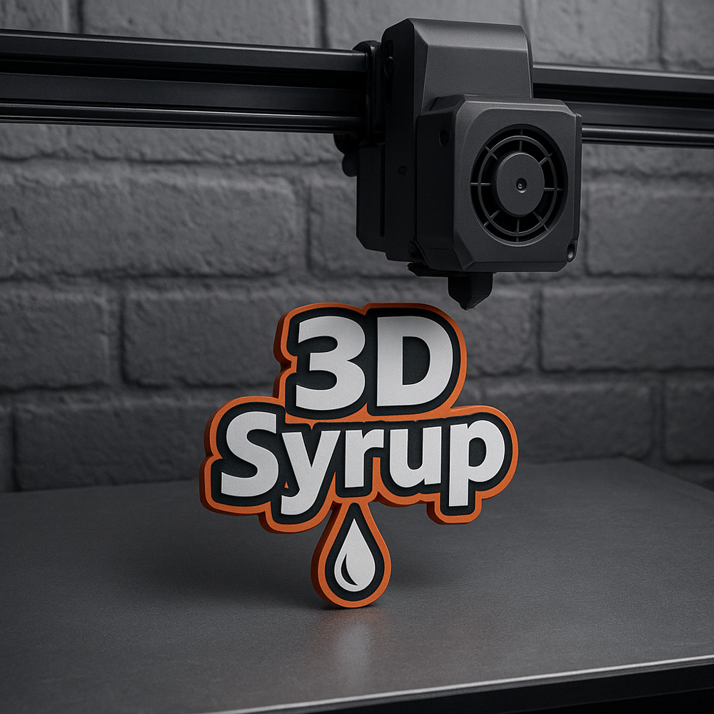 3D printer with '3D Syrup' logo on a gray background