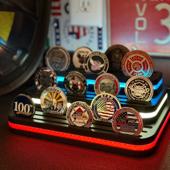 Moving video of glowing challenge coin holder
