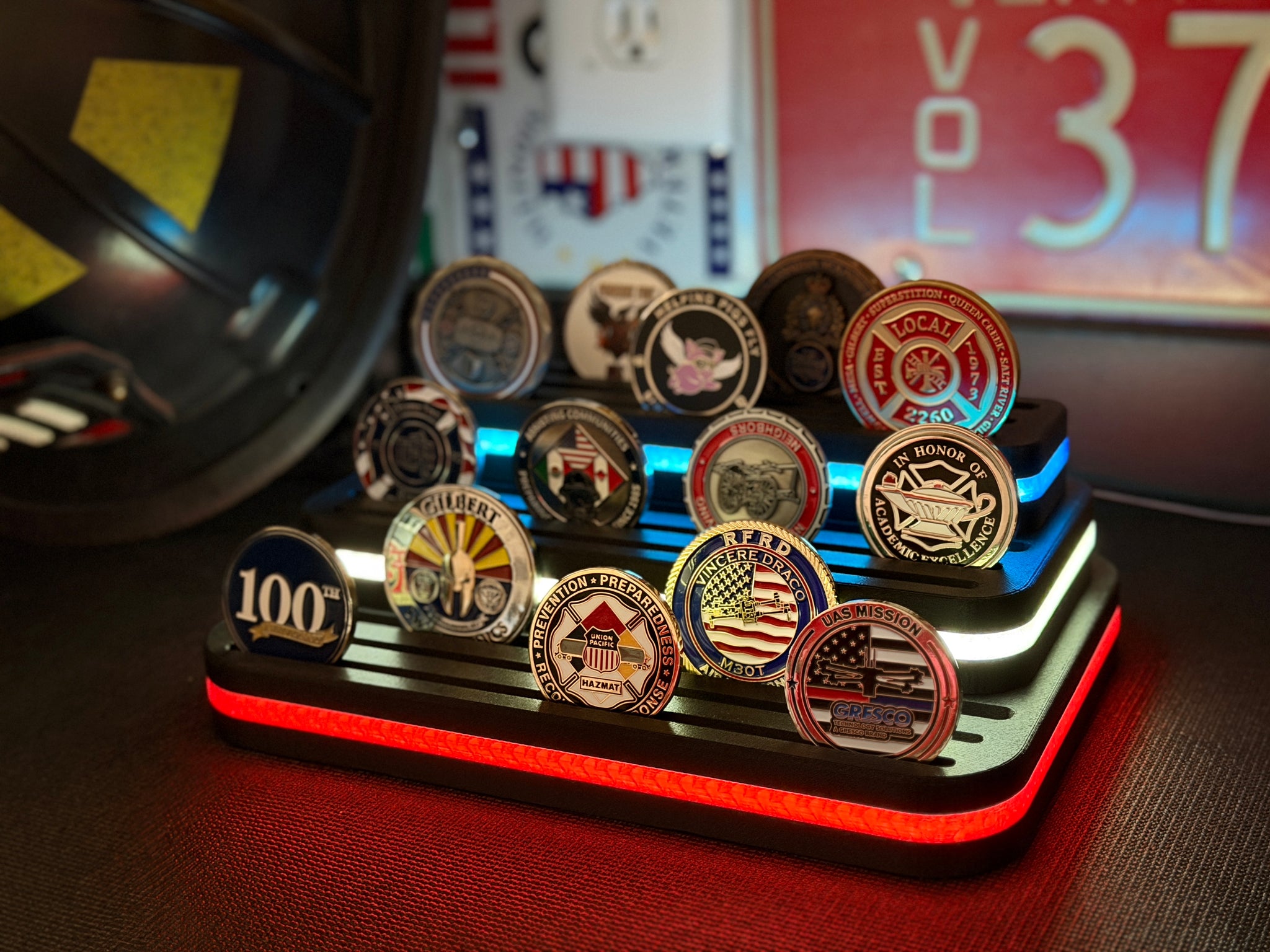 Moving video of glowing challenge coin holder